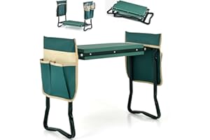 GiantexUK Garden Kneeler and Seat, Folding Garden Kneeling Stool with 1/2 Detachable Tool Pouches, Outdoor Gardening Bench for Gardener (2 Pouches, Green + Beige)