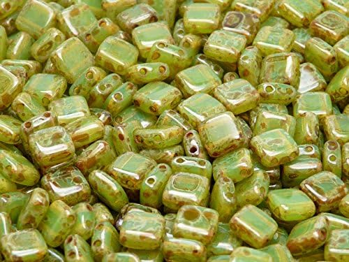 40 Pieces Czech Glass Beads Tile Two-Hole, Flat Square 6x6x2.9mm Green Opal Travertine