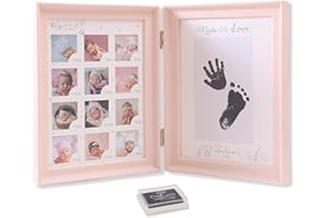 Lakpopya cornice per foto per bambini stampato a mano orma Record di crescita dell'anniversario regalo per neonato cornice per foto pieghevole con cartuccia d'inchiostro (Pieghevole Rosa)
