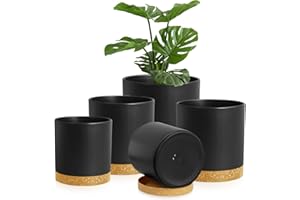Homeuouz 5 Packs Blumentopf mit Untersetzer, 17.8/15.2/14/12.7/10.2cm Pflanzentopf, Plastik Übertopf, Hydrokultur Topf, Blumentöpfe Set Ideal für Innen und Balkongärten, Schwarz mit braunes Tablett