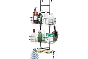 SHINOSKE Etagere douche Panier de douche Sans Percage, Panier De Douche Suspendu En Acier Inoxydable Sur La Porte, etagere rangement de salle de bain avec crochets/plateau de savon - Noir