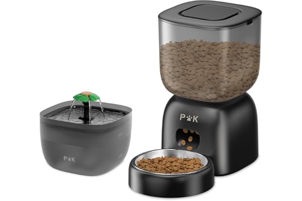 Distributeur Croquettes Chat Automatique et Fontaine à Eau Chat Combo, Autonomie de la Batterie jusqu'à 180 Jours, Enregistrement Vocal 10S, 3L Gamelle Automatique et 2L Fontaine