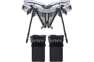 NAJINY Conjunto De Lencería Liguero Mujer Sexy con Medias Altas Encaja Lig Y Bragas Ajustables Liga Tirantes con Calcetines A Muslo G-String Tanga Navidad Día de San Valentín