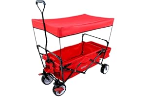 FUXTEC Folding Wagon – Stroller, Hand Cart, Garden Trolley, Festival Wagon, Outdoor, Beach & Loose Ground, Removable Canopy, Pull Handle, 4 Wheels, Rear Bag – CT350 Red