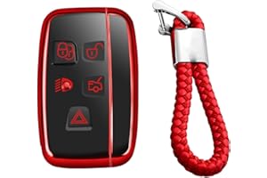 M.JVisun Soft TPU Case Cover Protector Case for Land Rover, Car Remote Key Fob Case for Land Rover Discovery 4/Sport Freelander 2 for Range Rover Evoque/Sport/Velar - Glossy Red - Braided Keychain