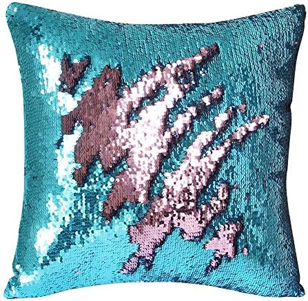 DoTech DIY two-color Sequins Mermaid Pillow and Cushion Cases Reversible Glitter Sequin Pillowcase Cushion Magical Color Changing Pillow Cover for Home Car Sofa Decorative 16 x 16 inch (Pink and Blue)