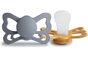 FRIGG Butterfly Zestaw 2 Smoczków | Smoczek silikonowy | Nie zawiera BPA | Wyprodukowano w Danii | Anatomiczny smoczek | Great Gray/Honey Gold (rozmiar 2 (6-18 miesięcy)