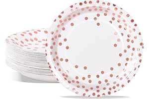 AIPartywar Platos de Papel, 50 Platos de Postre de Fiesta Blancos con Lunares de Papel de Oro Rosa, Plato Desechable de 18cm, Para Cumpleaños, Bodas, Aniversarios, Fiestas, Reuniones