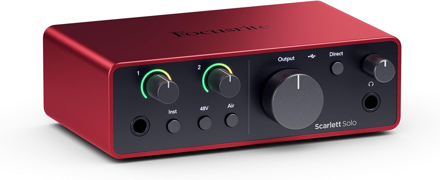 Focusrite Scarlett Solo de 4e Génération Interface Audio USB-C | 1 préampli micro XLR, 1 entrée instrument Hi-Z, 24 bits/192 kHz, plage dynamique de 120 dB, mode Air, compatible PC/Mac/iPad