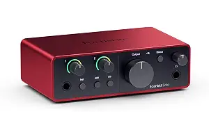 Focusrite Scarlett Solo interfaz de audio USB-C 4.ª gen | 1 preamp. de micro XLR, 1 entrada de instrumento Hi-Z, 24 bits/192kHz, intervalo dinámico 120dB, modos Air, para PC/Mac/iPad