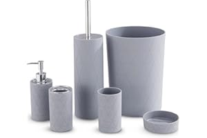 LIVIVO Stylish 6pc Bathroom & Sink Accessory Set - Modern Vanity Organiser Kit Include Tumbler, Toothbrush & Toilet Brush Holder, Lotion Dispenser, Soap Dish & Trash Bin (Grey Geo)