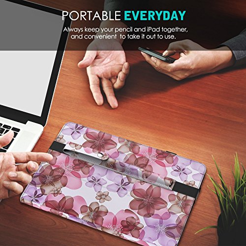MoKo Halter für Apple Pencil – Premium PU Leder Bleistift Stift Schleife Sleeve Cover Schreibzeug Schreibgerät Beutel mit abnehmbare Gummiband für Apple iPad Pro 9.7 Zoll Hülle Case, Blumen Violett - 7