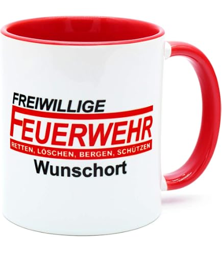 PACOTEX Feuerwehr-Kaffeebecher Aus Porzellan 400ml, To-Go Mit Deckel & Silikonmanschette - Rot/gelb