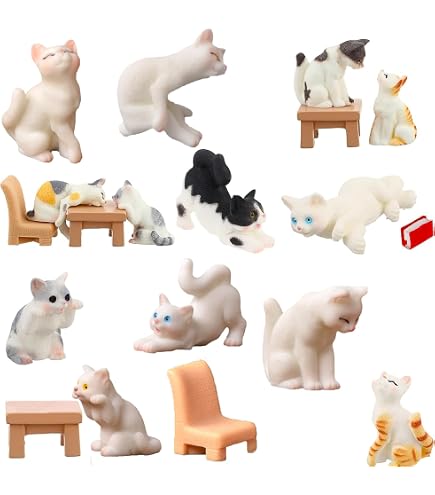 Figurines Chat Miniatures Cobee - Lot De 10 - Résine 4x3cm - Décoration Maison Poupee, Gateau, Paysage