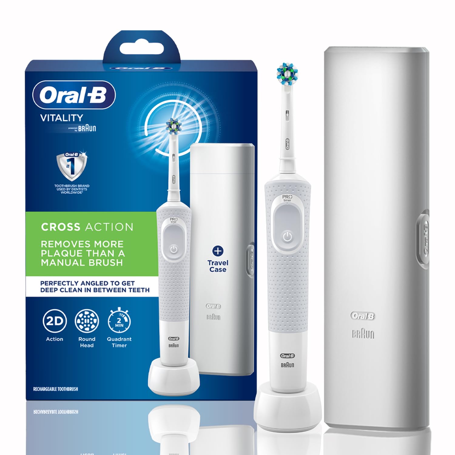 Oral B Vitality Rechargeable Rotating Electric Toothbrush for Adults with Travel Case & 2 Modes (Daily & Sensitive), 2 Min Ti