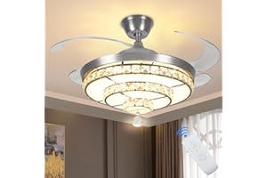 Depuley Ventilateur de plafond LED cristal avec lumière et télécommande, 4 pales rétractables, intensité variable, 3 couleurs, plafonnier 36 W avec minuteur, silencieux pour chambre à coucher