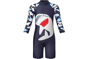 Edjude Boys UV Sun Protection Swimwear Kids One/Two Piece Cartoon Shark Swimming Costume Child Rash Guard Swimsuit Beachwear Wetsuit with Sun Hat for Boys 1-8 Years