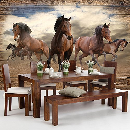 Vlies Fototapete PREMIUM PLUS Wand Foto Tapete Wand Bild Vliestapete – Pferde Hengste Galopp Holz – no. 3221, Größe: 312 x 219 cm Vlies - 5