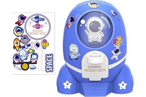 Rocket Ship Coin Bank for Boys Money Safe Astronaut Coin Banks for Kids Cash Coin Can ATM Bank Coin Money Bank for Kids with Key Astronaut Sticker Practical Gifts for Children Boys and Girls (Blue)