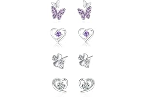 GUROTD 4 Pairs Sterling Silver Stud Earrings for Women Girls 925 Silver Stud Earrings Tiny Flower Heart Butterfly Stud Earrings Hypoallergenic Cubic Zirconia Diamond Stud Earrings Set