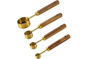Hwtcjx Ensembles de Cuillères Doseuses, 4 Pièces inoxydable Cuillères à Mesurer, Cuillere Mesure Cuillere Doseur Café avec manche en bois pour la cuisson (Or)
