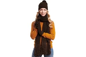 Hilltop Ensemble d'hiver femme 3 pièces Echarpe tricotée, bonnet et gants - Echarpe oversize à franges, gants et bonnet à pompon assorti pour femme