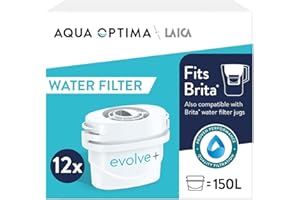 Aqua Optima Evolve+ Cartouche Filtrante à Eau 30 jours, paquet de 12 (jusqu'à 12 mois d'approvisionnement), Compatible avec plus de 90% des carafes filtrantes, y compris Brita Maxtra et Maxtra+