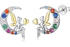 Qings Pendientes de Hada en La Luna,Pendientes Luna de Plata de Ley 925 para Mujeres Niñas, Aretes con Forma de Corazón