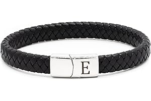 HAYOUWAY Mens Leather Bracelet with Initial Letter Bracelet, Gifts for Men Dad Him Boyfriend Braided Leather Bracelet with Engraved Stainless Steel Magnetic Clasp Fathers Day Birthday Christmas Gifts