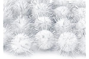 Perlin 100 pompones de peluche con purpurina plateada, redondos, color blanco, juego de 20 mm, pompón de costura, Tilda, manualidades, ribete, bolas de peluche esponjosas, para manualidades creativas