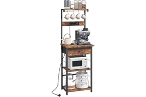 ‎MAHANCRIS MAHANCRIS Küchenregal mit Steckdosen, Bäckerregal, Standregal, 34 x 48 x 139 cm, Backregal mit Schubladen, Mikrowellenregal, 4 S-Haken, für Küche, Wohnzimmer, Esszimmer, Braun und Schwarz ABRHR48UE01