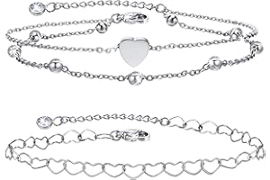 FLHEART Anklets for Women Ankle Bracelet - 2 Pcs Stainless Steel Beaded Layered Anklet and Heart Chain Ankle Bracelets Summer Barefoot Beach Foot Chains Silver/Gold/Rose Gold Women's Anklets Adjustable 21+5cm