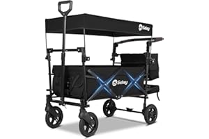Sekey Kids Folding Handcart Wagon with Removable Canopy, Versatile Foldable Transport Trolley for Family Outings Including Shockproof PU Wheels, 220LBS(100KG) Weight Capacity, Push Handle, Black