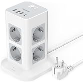 TESSAN Soket Aşırı Gerilim Koruması 8 Soket, 3 USB A ve USB C ile Priz Soketi Dikey Kule Anahtarlı, Uzatıcı Soket 2 Metre Sok