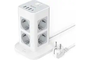 TESSAN Regletas Enchufes Proteccion Sobretension 8 Tomas con 3 USB A y 1 USB C, Torre Regleta Vertical con Interruptor, Alargador Enchufe 2 Metros, Torre Multiple 3600W para Mesa, Oficina, Casa