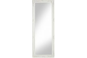 Baroni Home Specchio in Legno Bianco con Cornice Shabby, Specchiera da Parete Rettangolare per camera da letto, bagno o soggiorno, Specchio Shabby Bianco Anticato, 55x142 cm