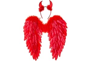 Winwild Ailes d'ange avec Cornes de Diable,Costume d'ailes d'ange et de Diable déchu pour Femmes et Filles Enfants pour Halloween Carnaval Cosplay fête costumée déguisement(Rouge,45 x 45 cm)