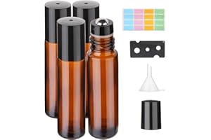 HYBER&CARA 10ml Roll on Glasflaschen für ätherisches öl 4Pcs Roll on öl Flasche Leer Rollon Flaschen für ätherische Öle,Parfüm,Massage mit Edelstahl-Roller Ball, Flaschenöffner, Aufkleber und Trichter