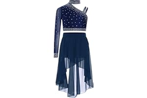 Linjinx Enfant Fille Robe Danse Lyrique Classique Justaucorps Gymnastique Une Manche Longue Robe Patinage Artistique Haut Danse et Jupe Tutu Costume Spectacle 5-16 ans