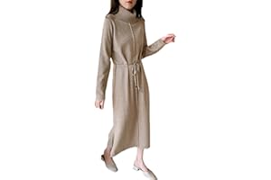 YTR6RTW Autumn Winter Women Turtleneck Loose Long Sweater Dress Robe Knitted Sweaters Drawstring Dress Female Maxi Dress