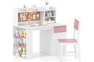 GYMAX Kids Desk and Chair Set, Children Writing Table with Drawer, 3-Tier Shelf, Cork Board, Cable Hole & Storage Cabinet, Wooden Study Desk Set for 7 Years Old+ Boys Girls, 105x60x103cm (Pink+White)