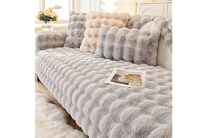 HOVOTO Thick Rabbit Plush Sofa Cover 1 2 3 Seater, Universal Non Slip Corner Sofa Cover L Shape Super Soft Faux Fur Sofa Slipcovers for Living Room, light gray, 70 * 70cm