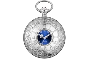 BOSHIYA Vintage Herren Taschenuhr mit Kette Einzigartiges Blau/Grün Römischen Ziffern Zifferblatt Analog Quarz Taschenuhr für Herren Schwarz/Silber