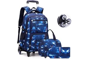 BOUACOUA Mochilas Escolares con Ruedas Niño, Estudiantes de Primaria Carros para Mochilas Bolsa de Almuerzo Estuche Escolares Equipaje de Viaje Multifuncional Juego de 3