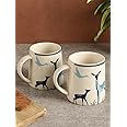 miah decor Ceramic Tea Coffee Cups Set of 2 Matte Printed Small Chai Mug Set of 2 Drinkware Microwave Safe for Home & Restaurant-350 ml-Color- Cream Blue