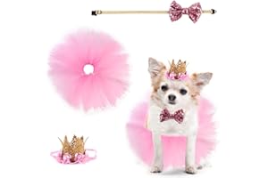 Camidy Traje de Perro de 3 Piezas para Fiesta de Cumpleaños Falda de Tutú Rosa para Mascotas Sombrero de Corona Lentejuelas Pajarita con Correa Ajustable para El Cuello para El Traje de Cumpleaños