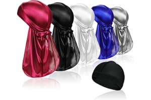 SAMSEROT 5 Pcs Silky Durag Caps Headwraps with Long Tail and 1 Piece Silk Wave Cap Perfect for Men 360 Waves