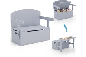 COSTWAY 3 in 1 Kindertisch mit Sitzbank, Kindersitzgruppe aus Holz mit Stauraum & Decke, Spielzeugkiste Aktivitätstisch für Kinder von 3 bis 7 Jahren, 60 x 34 x 57cm (Grau)