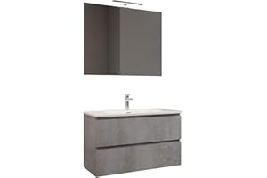 Mama Store Atena Mueble Colgante con Lavabo, Espejo y lámpara LED, Laminado, Gris hormigón, L. 62 X P. 47 X H. 53 Cm