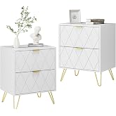 UEV Set of 2 Bedside Tables with Lines Patterns, 40 x 30 x 52 cm, White | Side Table with 2 Drawers, with Handles and Legs in